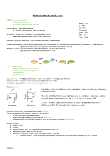 AQA alevel biology biological molecules topic notes | Teaching Resources