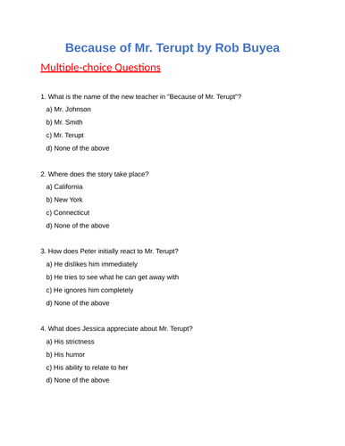 Because of Mr. Terupt : Multiple choice Questions - Test / Quiz ...