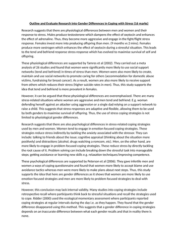 Gender Differences in Coping with Stress Essay 16 Mark Model Answer AQA ...
