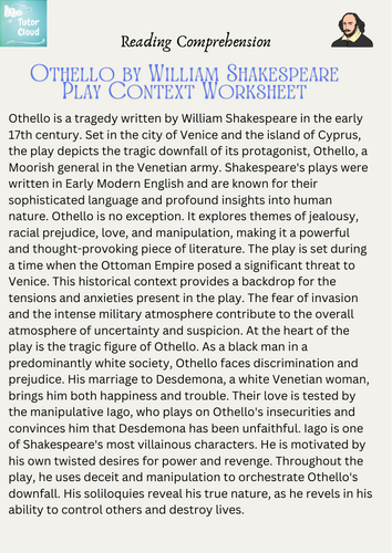 Othello by William Shakespeare Play Context Worksheet