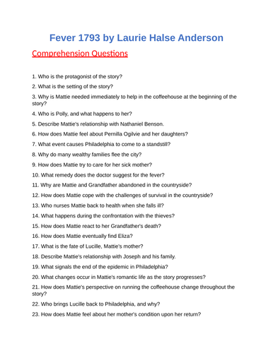 Fever 1793 : Reading comprehension Questions - Test / Quiz | Teaching ...