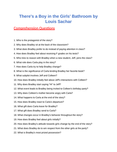 There's a Boy in the Girls' Bathroom : Reading comprehension Questions ...