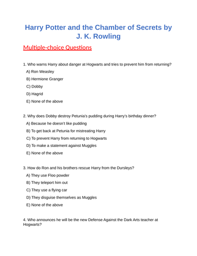 Harry Potter and the Chamber of Secrets : Multiple choice Questions ...