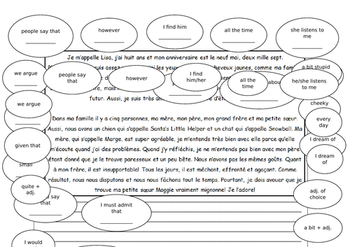 GCSE FRENCH Family Relationships Writing + Reading Activity