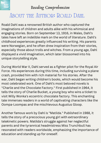 Roald Dahl Reading Comprehension About the Author and Research Task