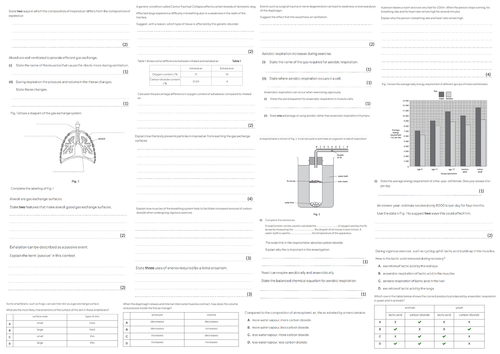 IGCSE CIE A3 Exam sheet - Respiration and Gas Exchange