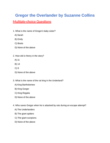 Gregor the Overlander: Multiple choice Questions - Test / Quiz ...