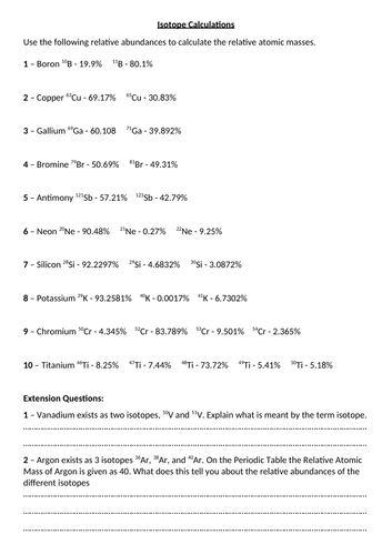 Isotope Calculations Worksheet (with answers) Teaching Resources