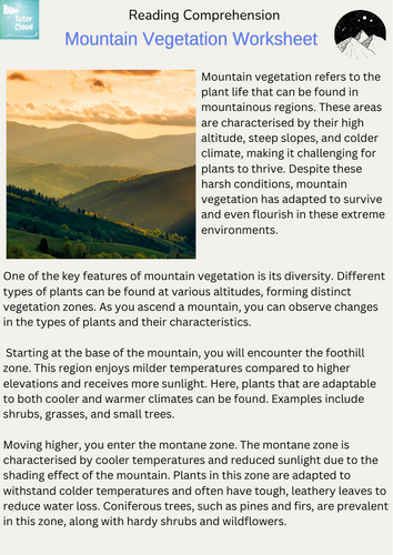 Mountain Vegetation Worksheet