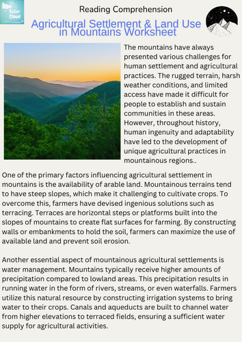 Agricultural Settlement & Land Use in Mountains Worksheet