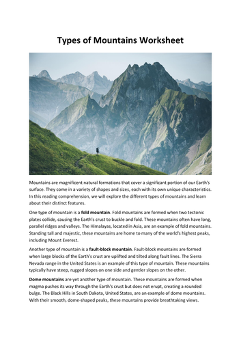 Types of Mountains Worksheet