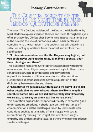 The Curious Incident of the Dog in The Night Time by Mark Haddon Quotations Analysis Worksheet