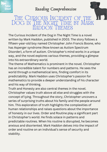 The Curious Incident of the Dog in The Night Time by Mark Haddon Themes Worksheet