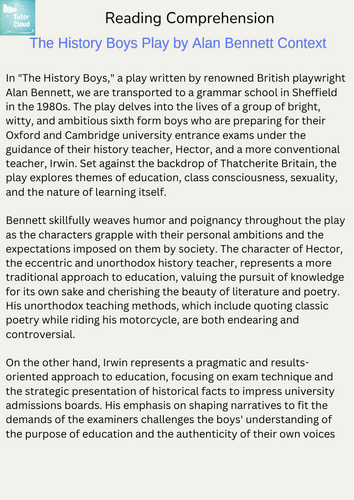 The History Boys Play by Alan Bennett Context Worksheet