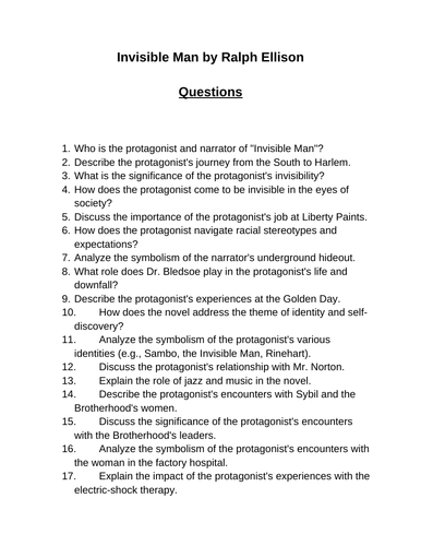 Invisible Man. Reading Comprehension Questions, Multiple-choice ...