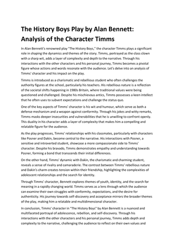 The History Boys Play by Alan Bennett: Analysis of the Character Timms