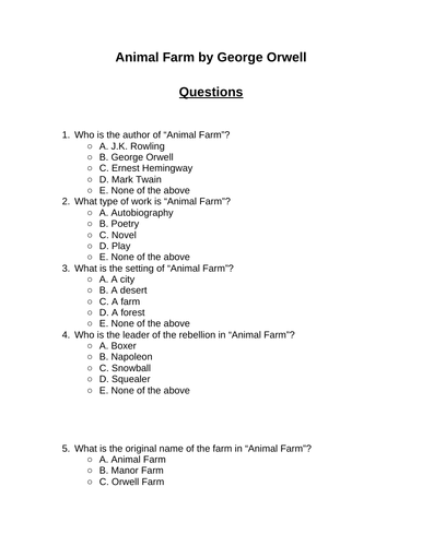 Animal Farm. 30 multiple-choice questions (Editable)