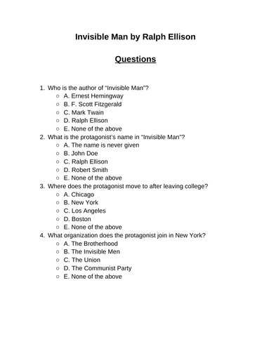 Invisible Man. Reading Comprehension Questions, Multiple-choice ...