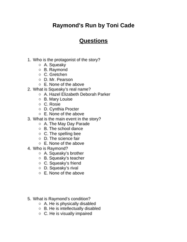 Raymond's Run. 30 multiple-choice questions (Editable)