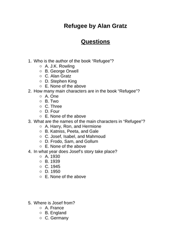 Refugee. Reading Comprehension Questions, Multiple-choice questions ...