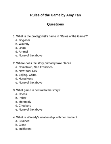 Rules of the Game. 30 multiple-choice questions (Editable)