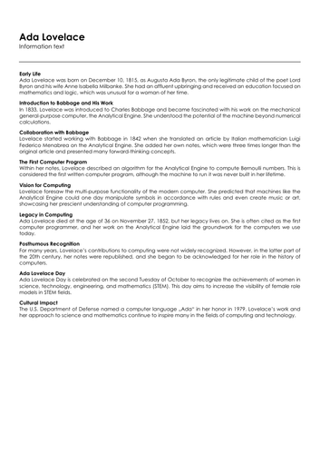 Ada Lovelace (Infotext and Exercises) | Teaching Resources