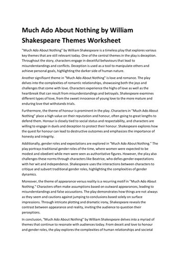 Much Ado About Nothing by William Shakespeare Themes Worksheet