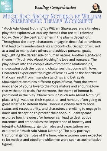 Much Ado About Nothing by William Shakespeare Themes Worksheet