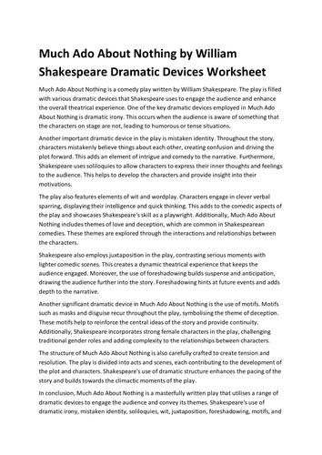 Much Ado About Nothing by William Shakespeare Dramatic Devices Worksheet