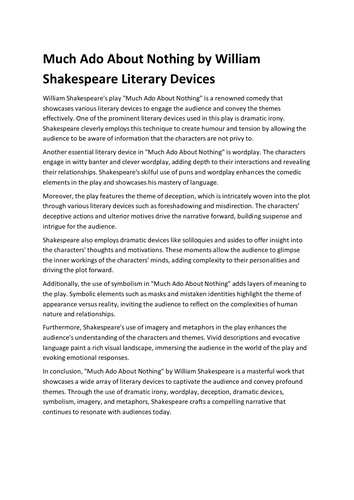 Much Ado About Nothing by William Shakespeare Literary Devices Worksheet