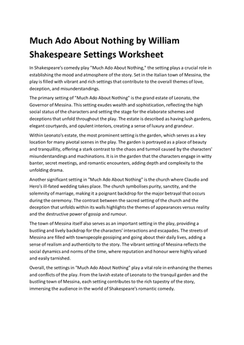 Much Ado About Nothing by William Shakespeare Settings Worksheet