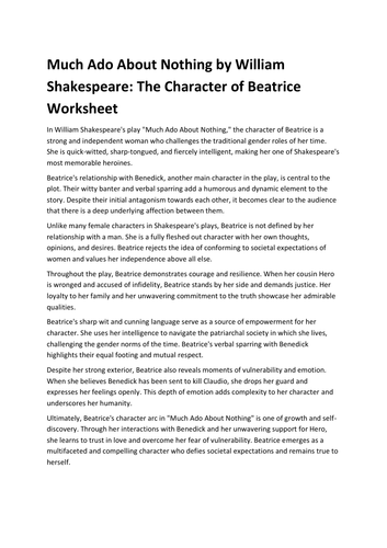 Much Ado About Nothing by William Shakespeare: The Character of Beatrice Worksheet