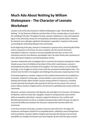 Much Ado About Nothing by William Shakespeare - The Character of Leonato Worksheet