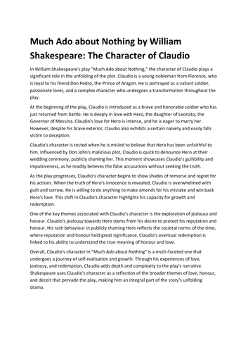 Much Ado about Nothing by William Shakespeare: The Character of Claudio Worksheet