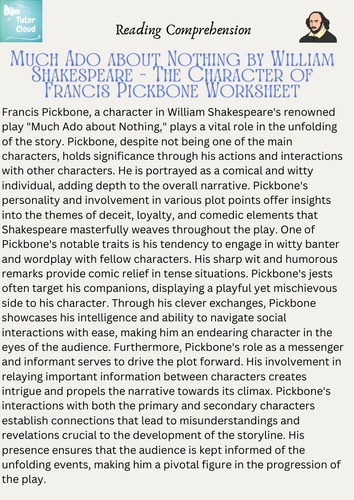 Much Ado about Nothing by William Shakespeare - The Character of Francis Pickbone Worksheet