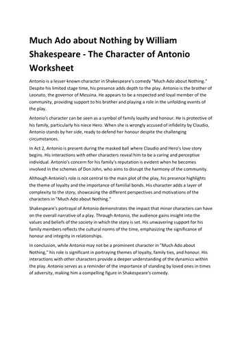 Much Ado about Nothing by William Shakespeare - The Character of Antonio Worksheet