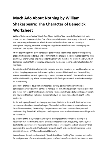 Much Ado About Nothing by William Shakespeare: The Character of Benedick Worksheet