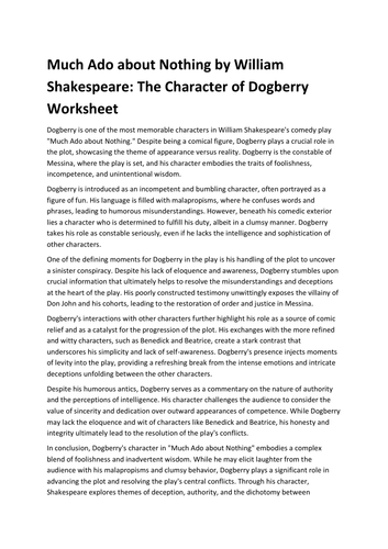 Much Ado about Nothing by William Shakespeare: The Character of Dogberry Worksheet