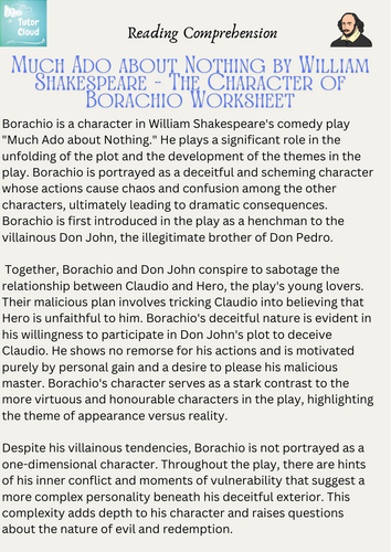 Much Ado about Nothing by William Shakespeare - The Character of Borachio Worksheet