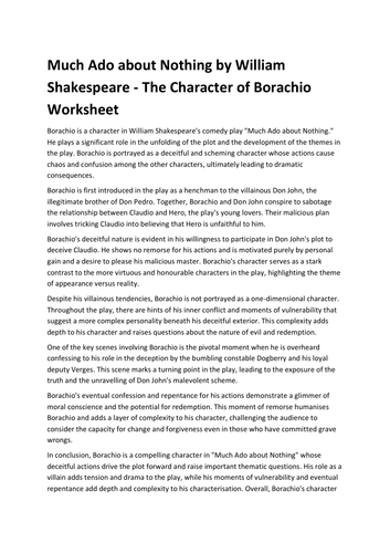 Much Ado about Nothing by William Shakespeare - The Character of Borachio Worksheet
