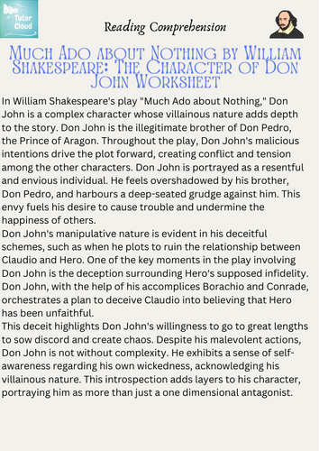 Much Ado about Nothing by William Shakespeare: The Character of Don John Worksheet