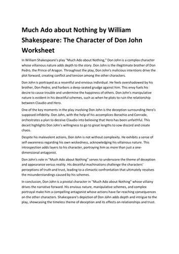 Much Ado about Nothing by William Shakespeare: The Character of Don John Worksheet