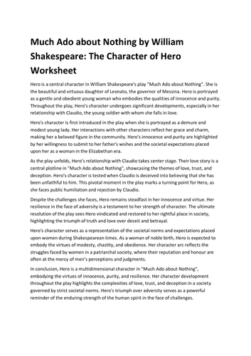 Much Ado about Nothing by William Shakespeare: The Character of Hero Worksheet