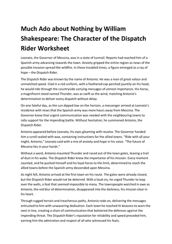 Much Ado about Nothing by William Shakespeare: The Character of the Dispatch Rider Worksheet