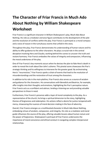 The Character of Friar Francis in Much Ado About Nothing by William Shakespeare Worksheet