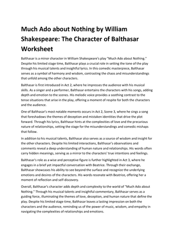 Much Ado about Nothing by William Shakespeare: The Character of Balthasar Worksheet