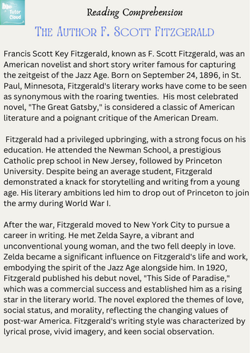 The Author F. Scott Fitzgerald Comprehensive Reading Worksheet