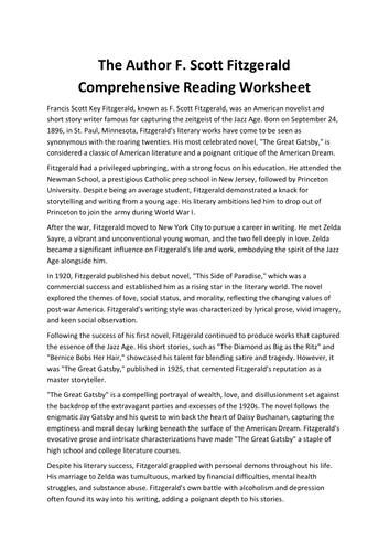 The Author F. Scott Fitzgerald Comprehensive Reading Worksheet