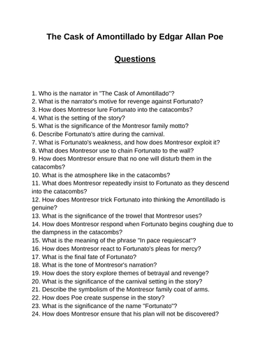 The Cask of Amontillado. 40 Reading Comprehension Questions (Editable)