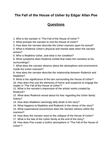 The Fall of the House of Usher. 40 Reading Comprehension Questions (Editable)